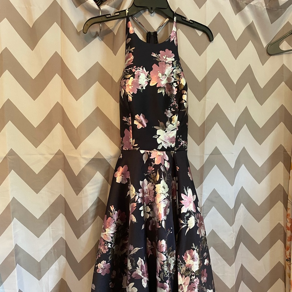 Purple, silver, navy blue prom dress w/ lace back